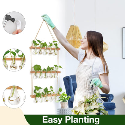 XXXFLOWER Wall Hanging Propagation Station with Wooden Stand 5 Bulb Vase 3 Tiered Planters Wall Terrarium for Home Office Plant Hanger Flower Vases Wall Decor