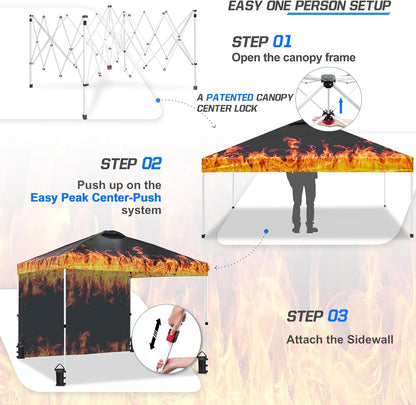 EAGLE PEAK Pop Up Canopy Tent with 1 Sidewall, Easy Setup Event Tent, Outdoor Sun Shade, Wheeled Carry Bag, Stakes and Guy Ropes, Instant Canopy 10x10, Flame