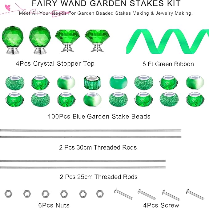 119 Pcs Garden Stake DIY Fairy Wand Plant Stake with Green Large Hole Beads Crystal Diamond Stopper Top 4 Stainless Steel Threaded Rod Beaded Garden Stakes for Outdoor Indoor Yard Patio Decorations