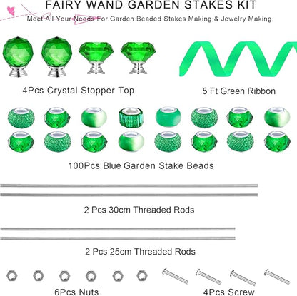 119 Pcs Garden Stake DIY Fairy Wand Plant Stake with Green Large Hole Beads Crystal Diamond Stopper Top 4 Stainless Steel Threaded Rod Beaded Garden Stakes for Outdoor Indoor Yard Patio Decorations