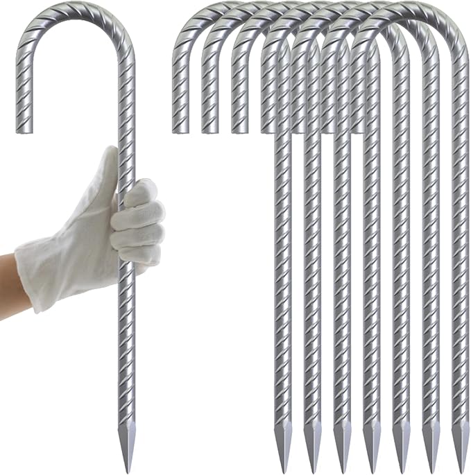 AAGUT Rebar Stakes 12 Inch J Hook Heavy Duty 8 Pack, 3/8 Inch Galvanized Metal Steel Ground Anchors Chain Link Fence Stakes for Camping Tent, Inflatables, Yard Decorations, Canopies & Swing Sets