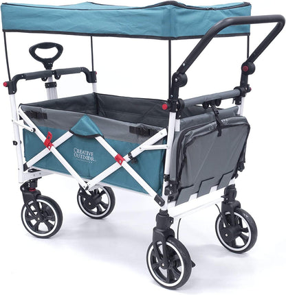 Creative Outdoor Wagon for Kids Push Pull Collapsible Stroller with Canopy Folding Cart for Beach, Park, Garden (Teal & Grey)