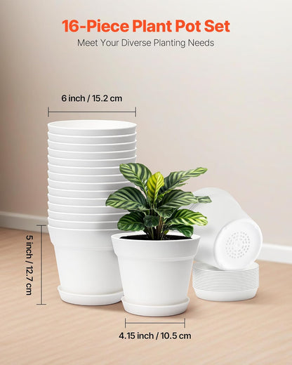 VEVOR Plastic Plant Pots, 16 Packs 6 in Durable Planters, Lightweight Nursery Pots with Drainage Holes & Detachable Saucers, Round Tapered Flower Pot for Indoor & Outdoor Plants, Home Garden Decor