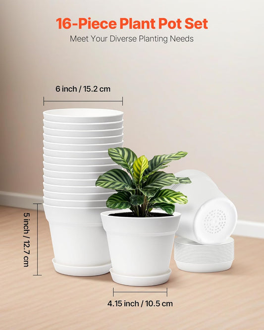 VEVOR Plastic Plant Pots, 16 Packs 6 in Durable Planters, Lightweight Nursery Pots with Drainage Holes & Detachable Saucers, Round Tapered Flower Pot for Indoor & Outdoor Plants, Home Garden Decor