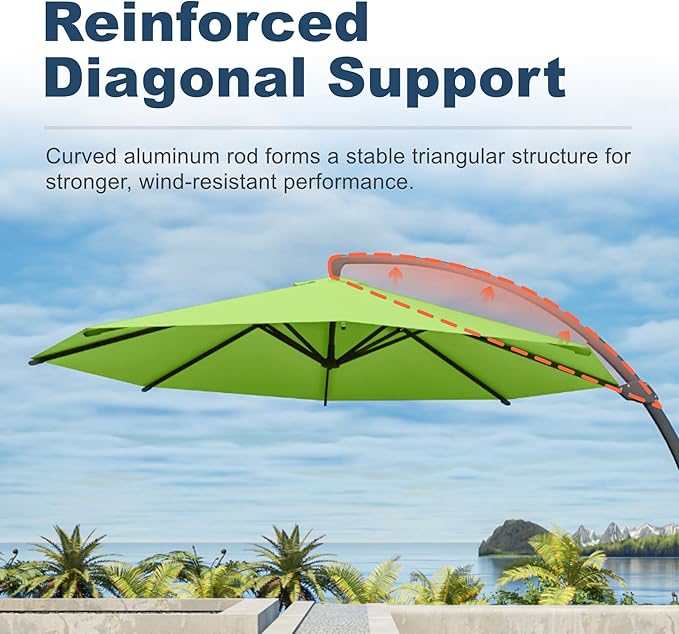 11FT Cantilever Umbrella with Base Large Curvy Outdoor Aluminum Offset Umbrella w/ 360° Rotation, UV Resistant Canopy for Patio, Garden, Backyard, Apple Green
