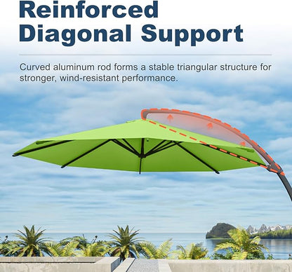 11FT Cantilever Umbrella with Base Large Curvy Outdoor Aluminum Offset Umbrella w/ 360° Rotation, UV Resistant Canopy for Patio, Garden, Backyard, Apple Green