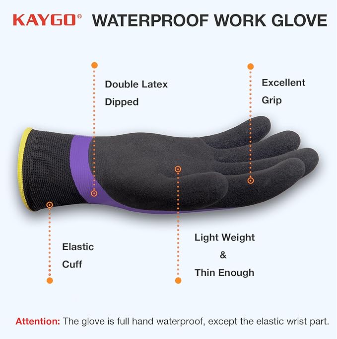KAYGO Waterproof Work Gloves for Men and Women, Rubber Coated Non-slip Working Gloves for Garden, Outdoor Construction,KG150,Purple,S