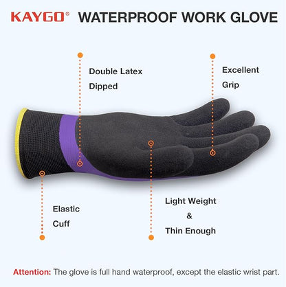 KAYGO Waterproof Work Gloves for Men and Women, Rubber Coated Non-slip Working Gloves for Garden, Outdoor Construction,KG150,Purple,L
