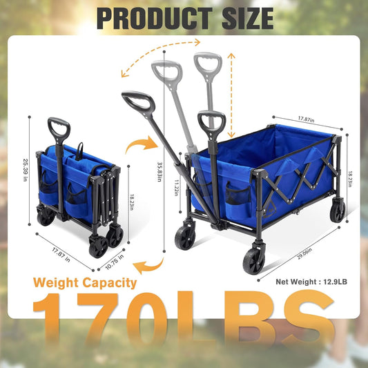 Wagon Cart Shopping Foldable Folding Collapsible with Wheels Big On Beach Garden Outdoor Grocery Heavy Duty Utility All Terrain Portable Wagons Carts for Groceries Sand Camping Sports Blue