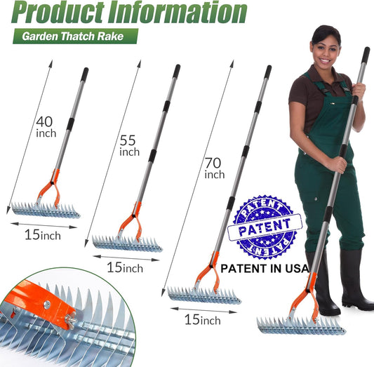 Walensee Thatch Rake, 15-Inch Lawn Thatching Rake, Robust Dethatcher Rake, Efficient Steel Metal Rake with Handle, Versatile Grass Grooming Rake for Cleaning Dead Grass, Yard Garden Durable Soil Rake