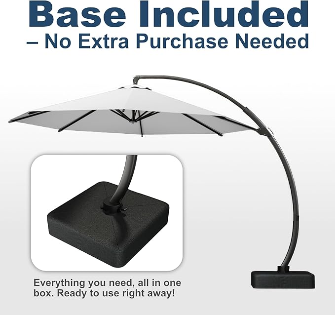 12FT Cantilever Umbrella with Base Large Curvy Outdoor Aluminum Offset Umbrella w/ 360° Rotation, UV Resistant Canopy for Patio, Garden, Backyard, Light Gray
