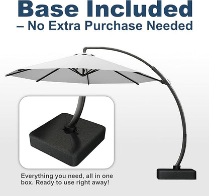 12FT Cantilever Umbrella with Base Large Curvy Outdoor Aluminum Offset Umbrella w/ 360° Rotation, UV Resistant Canopy for Patio, Garden, Backyard, Light Gray