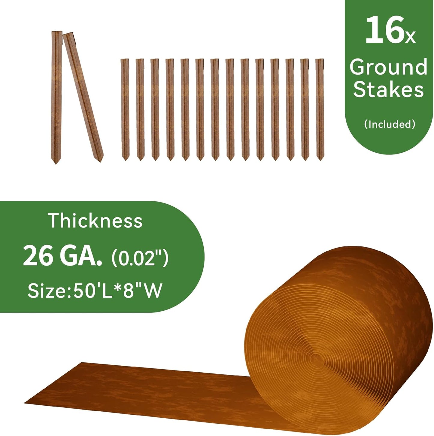 Worth Galvanized Steel Landscape Edging 8" x50' Metal Garden Edging Roll Flexible Bender Border with 16Pcs Stakes for Lawn, Flower Bed Edges, Rust-Like Color