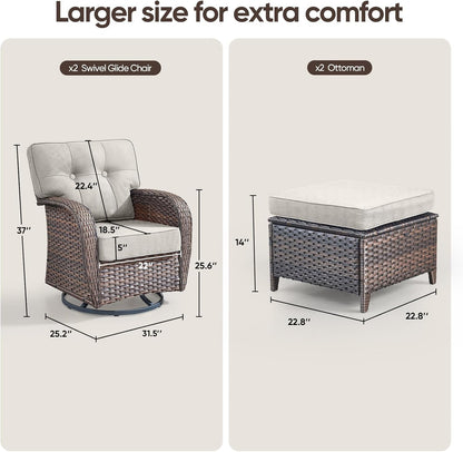 4-Piece Rotating Balcony Chair Set with 31-inch T-Shaped Wide backrest - Rattan Outdoor Rotating Balcony Chairs, Wide backrest Comfortable Outdoor Sliding Chair - Brown Rattan | Beige Cushions