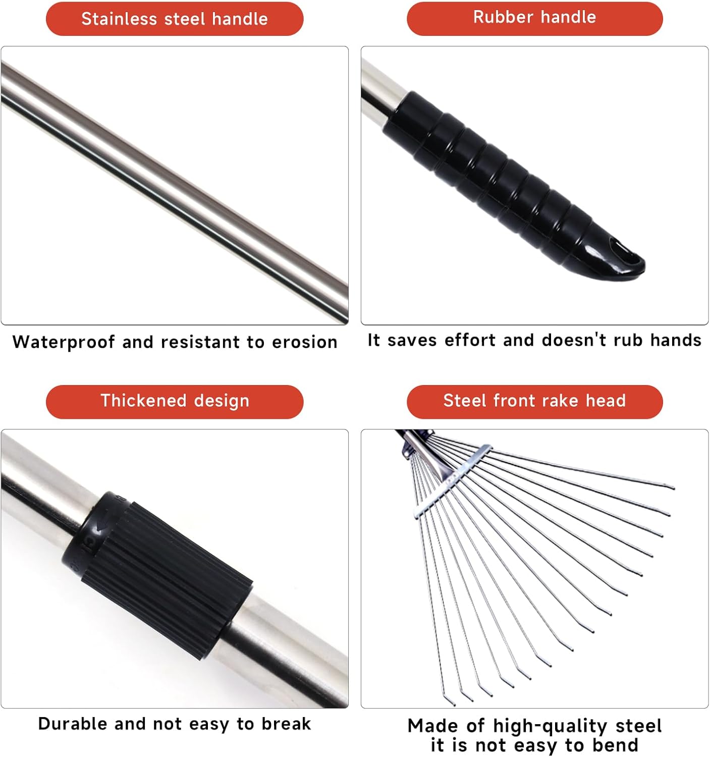 Adjustable Garden Metal Rake -32 to 63 Inch ,Hand Weed Collapsible Camping Landscape Dethatcher Rake for Leaves Shrub Yard Lawns,Leveling Yard Tool,Black