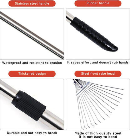 Adjustable Garden Metal Rake -32 to 63 Inch ,Hand Weed Collapsible Camping Landscape Dethatcher Rake for Leaves Shrub Yard Lawns,Leveling Yard Tool,Black