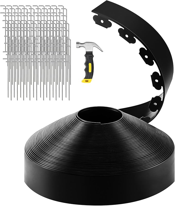 GROWNEER 200FT Landscape Edging Flexible 4 inch Tall Garden Border with 180pcs Galvanized Steel Anchoring Spikes and Hammer Lawn Edging Kit for Flower Bed, Pathway, Landscaping Project, Black