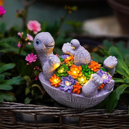Solar Turtle Figurines Garden Decor, Cute Turtle Statue with Baby with 8 LED Solar Lights Garden Lawn Decorations for Patio & Yard, Gifts for Mom