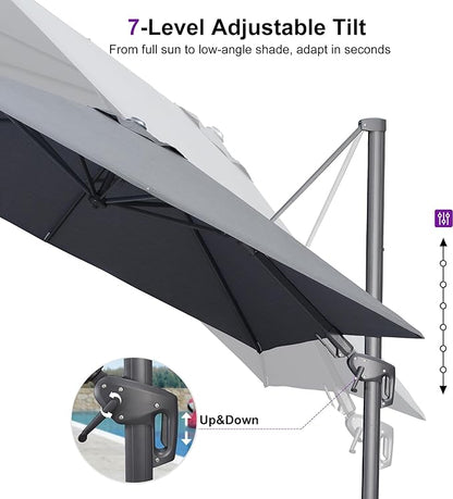 PURPLE LEAF 10' X 10' Left-right Tilting Outdoor Patio Umbrella Swivel Offset Cantilever Heavy Duty Rectangle Aluminum Umbrella with UV Resistant for Deck Pool Patio Backyard, Graphite Grey