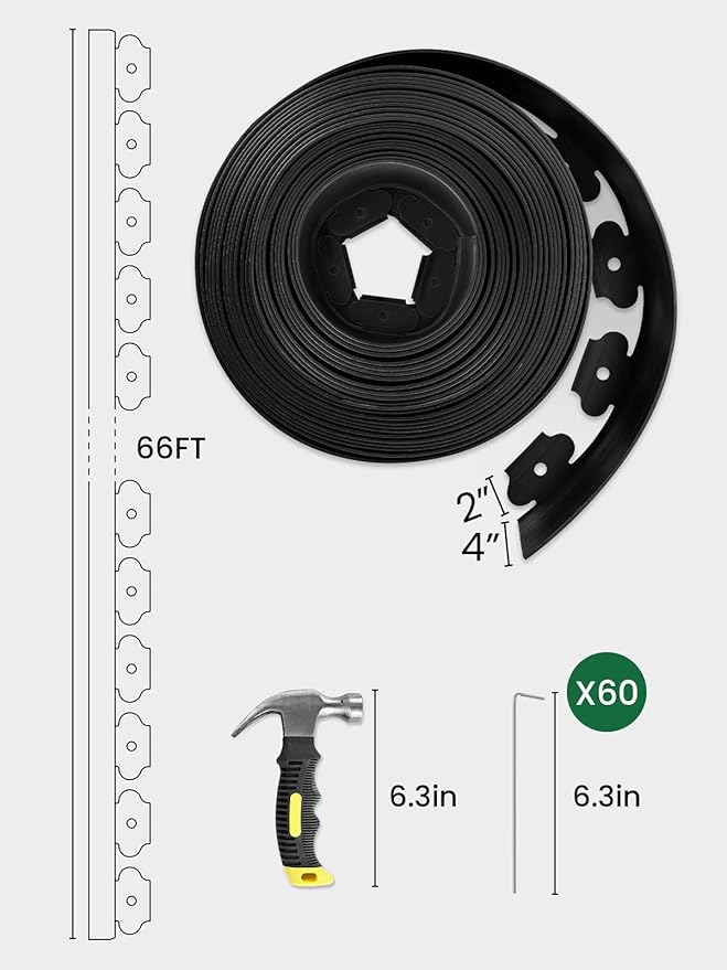 GROWNEER 66FT Landscape Edging Flexible 4 inch Tall Garden Border with 60pcs Galvanized Steel Anchoring Spikes and Hammer Lawn Edging Kit for Flower Bed, Pathway, Landscaping Project, Black