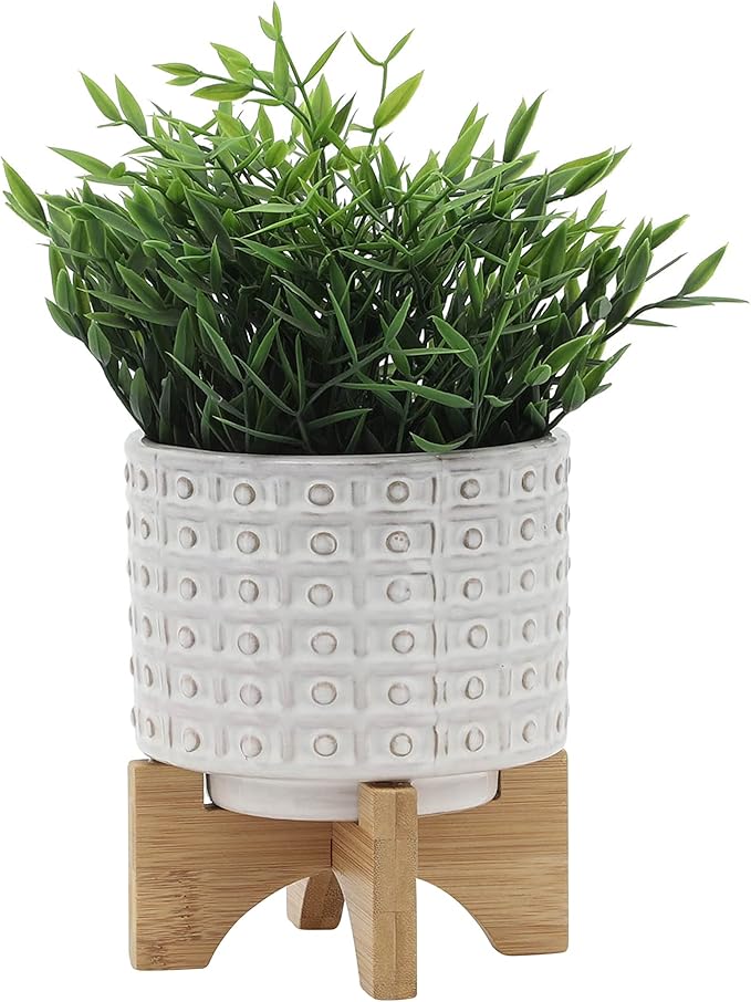 Sagebrook Home Ceramic Planter with Stand - Textured Stoneware Pot with Bamboo Wood Base - Modern Indoor & Outdoor Plant Holder - 8" Ivory