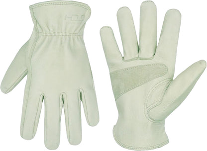 HLDD HANDLANDY Leather Work Gloves for Men & Women, Adjustable Wrist Cowhide Gardening Glove with Reinforced Palm for Driver