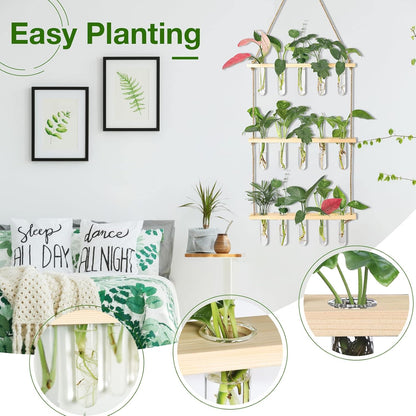 XXXFLOWER Wall Hanging Propagation Station with Wooden Stand 5 Glass Test Tubes 3 Tiered Planters Wall Terrarium for Home Office Plant Hanger Flower Vases Wall Decor Hydroponic Cuttings