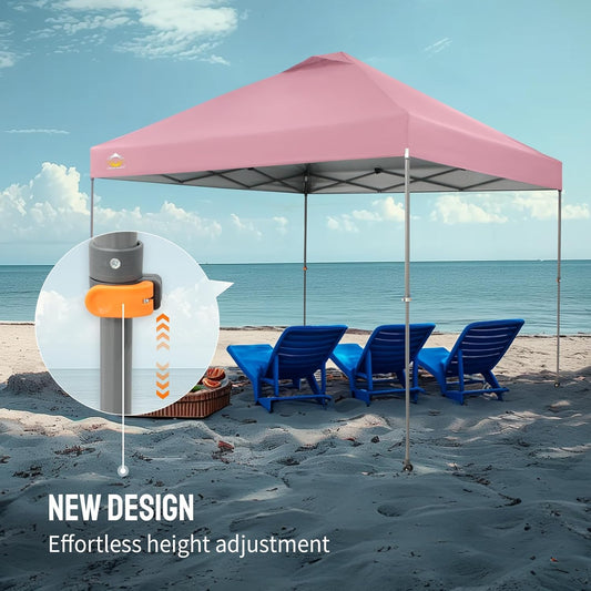 CROWN SHADES Adjustable Height on The Fly, 10x10 Pop Up Canopy - Beach Tent with One Push Setup - Easy Outdoor Sun Shade for Events, Parties, Camping - Outside Shade with STO-N-Go Bag, Pink