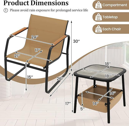 Tangkula 3 Pieces Patio Furniture Set, Outdoor Bistro Conversation Set with Breathable Mesh Fabric and Metal Frame, Front Porch Table and Chairs Set for Balcony, Garden, Lawn and Backyard (Brown)
