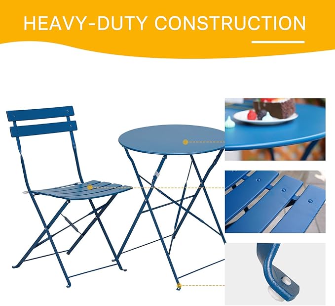 Grand patio 3-Piece Folding Bistro Set, 2 Chairs and 1 Table, Weather-Resistant Outdoor/Indoor Conversation Set for Patio, Yard, Garden -Peacock Blue