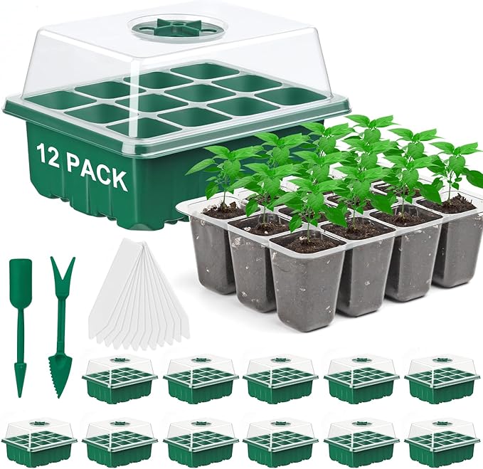12 Pack Seed Starter Tray Seed Starter Kit (144 Cells Total Tray) with Humidity Adjustable Dome, for Seeds Growing Starting Plant Germination Trays, Mini Green House Germination Trays.