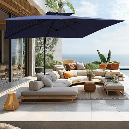 PHI VILLA 9' X 12' Cantilever Patio Umbrella, Outdoor Large Rectangular Umbrellas with 360°Rotation, Heavy Duty Hydraulic Double Umbrella Windproof for Outside, Navy Blue