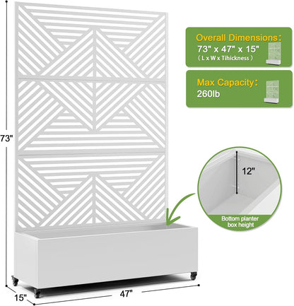 FENCY Metal Raised Garden Bed with Wheels and Trellis,73"x47"x16" Planter Box for Climbing Plants, Vegetables & Vines, Features Privacy Screen and Drainage Holes (White-Modern)