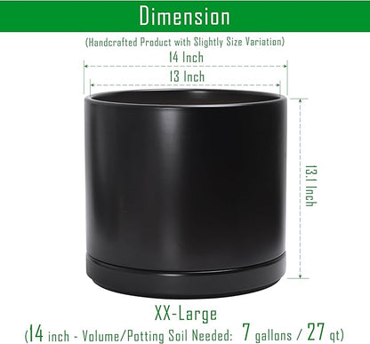 D'vine Dev 14 Inch Ceramic Planter Pot with Drainage Hole and Saucer, Indoor Cylinder Round Planter Pot, Black, 94-O-G-2