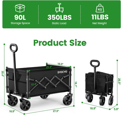 Collapsible Wagon with Wheels 350LBS, Beach Foldable Wagon Cart Lightweight Portable, Folding Utility Wagon Grocery Cart for Shopping Camping Sports Beach Garden Carbon Black