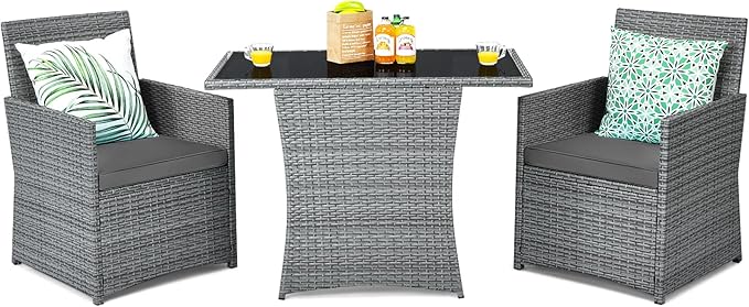 Tangkula 3 Pieces Patio Dining Set, Patiojoy Space-saving PE Rattan Bistro Set with Tempered Glass Top Table and Cushioned Chairs, Outdoor Conversation Set for Garden, Backyard, Poolside, Porch (Gray)