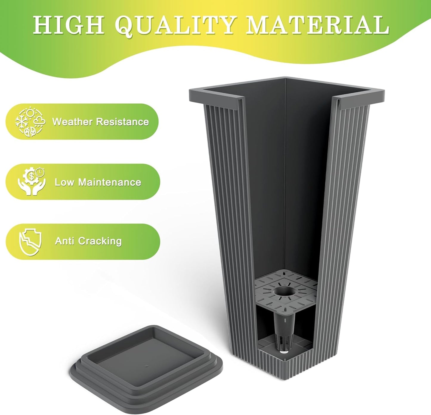 Set of 2 Tall Planters, 24" Large Indoor Outdoor Flower Pots with Tray, Modern Tapered Planters for Porch, Patio, Garden, Backyard