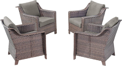 Outdoor Wicker Patio Chairs Set of 4 - Heavy Duty Outside Rattan Lawn Chair for Front Porch Balcony Backyard Yard Deck Poolside Apartment – Brown/Grey