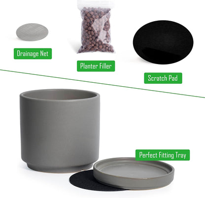 D'vine Dev 6 Inch Ceramic Planter Pot with Drainage Hole and Saucer, Indoor Cylinder Round Flower Pot, Grey, 94-O-C-3