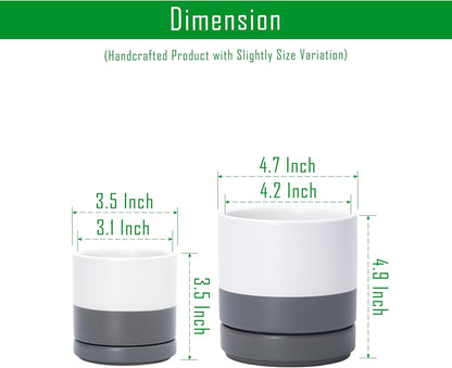 D'vine Dev 3.5 Inch & 4.7 Inch Ceramic Planter Pots for Plants with Drainage Hole and Saucer, X-Small Plant Pots Set, White/Speckled Grey, 94-G-XS-6