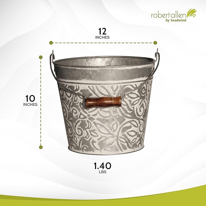 Headwind Vintage Collection - Floral Galvanized Planter with Handles – 12 Inch Flower Pots Decorative Plant Indoor – Plant Pots Indoor with Drainage by Robert Allen