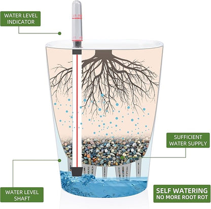 Dexceder 6x7 Self Watering Planter Indoor Outdoor, High Gloss Table Flower Plant Pot with Water Level Indicator (White)