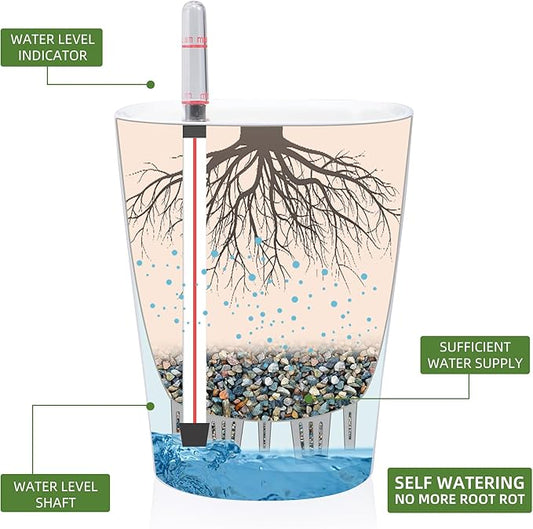 Dexceder 6x7 Self Watering Planter Indoor Outdoor, High Gloss Table Flower Plant Pot with Water Level Indicator (White)