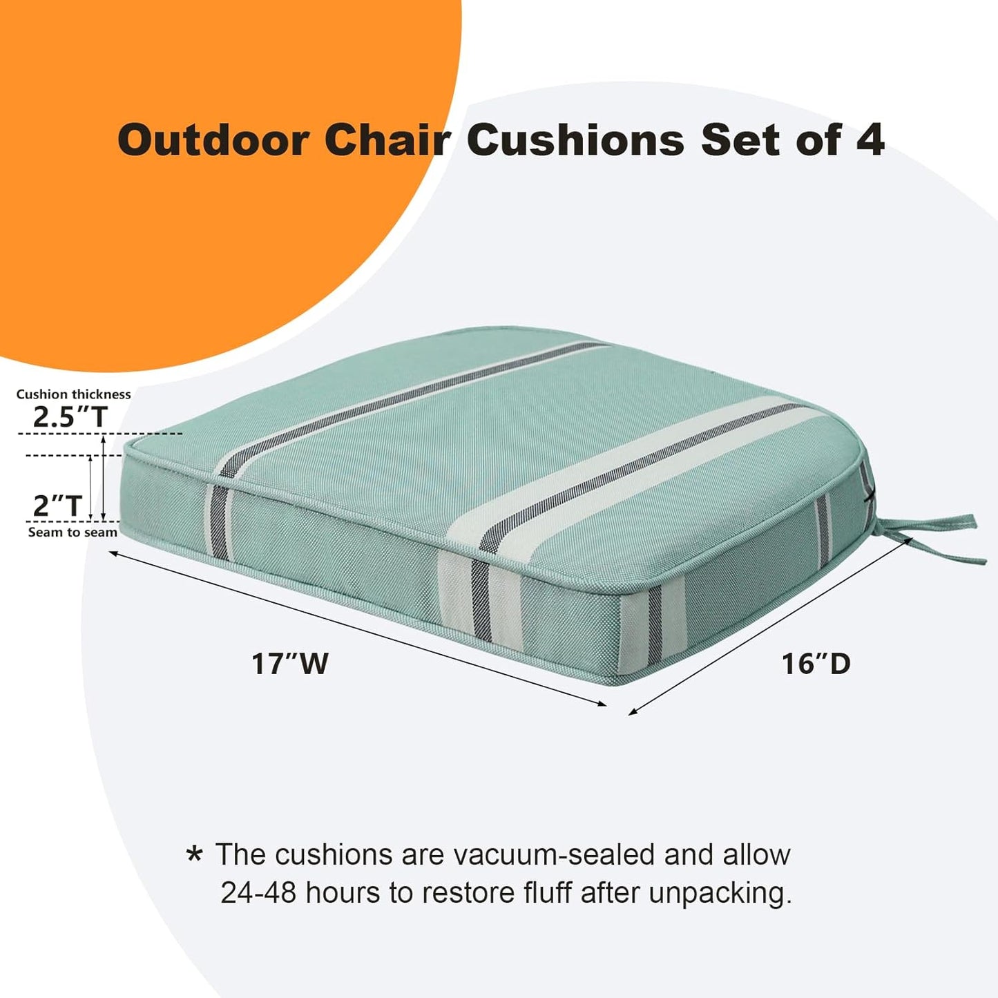 Round Corner Seat Cushions, 17" x 16" x 2", Set of 4, Indoor Outdoor Water Repellent Universal Chair Pads with Ties for Patio Furniture, Garden Deck Dining Chairs, Aqua Stripe