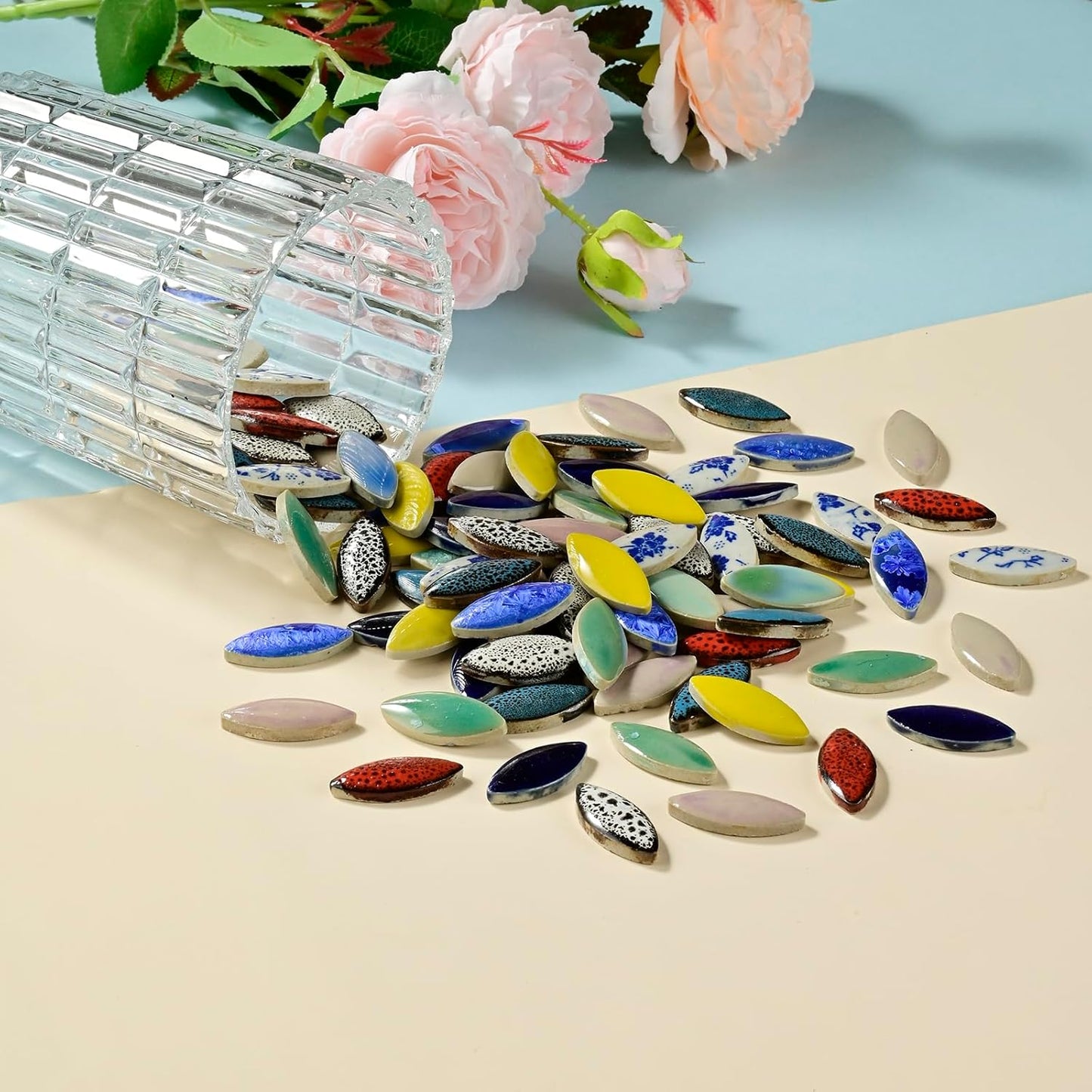 Red Petal Ceramic Tiles Mosaic Tiles, Bulk Ceramic Mosaic Pieces Stepping Stone Crafts Making Supplies for Home Outdoor Floor Vase Tabletop Decoration - 70pcs