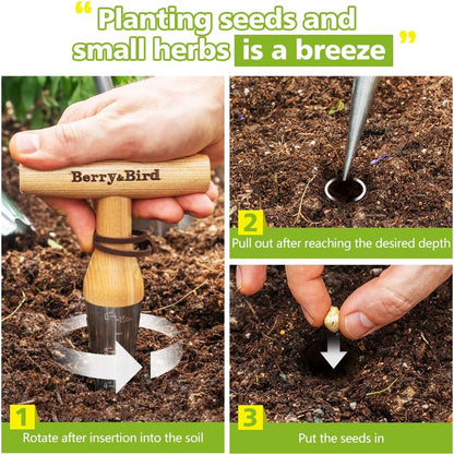 Berry&Bird Hand Dibber – Precision Wood Handle Garden Hole Punch Dibbler Tool for Planting Seeds & Bulbs with 6'' Measuring Scale, Bulb Planter for Planting Flowers Tulips Daffodils Dahlias