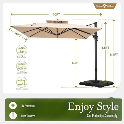 Sophia & William Cantilever Patio Umbrella 10ft, Offset Large Square Outdoor Umbrellas with 360-degree Rotation, Heavy Duty Windproof for Garden Pool Backyard, Beige with Base