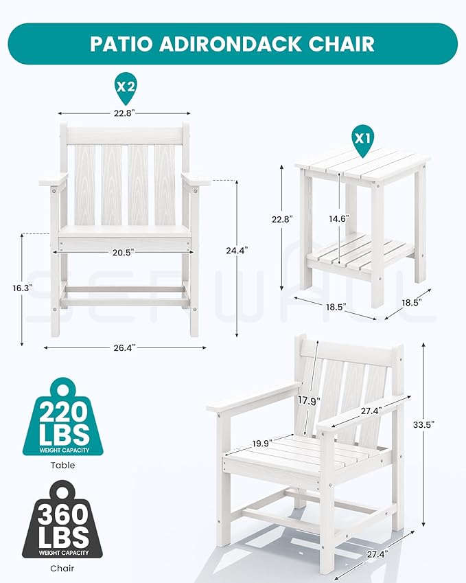 SEWRWALL 3 Pieces Patio Bistro Set, All Weather Adirondack Chair Set with Side Table, HDPE Material Outdoor Patio Furniture Set for Balcony, Porch, Garden, Backyard- White