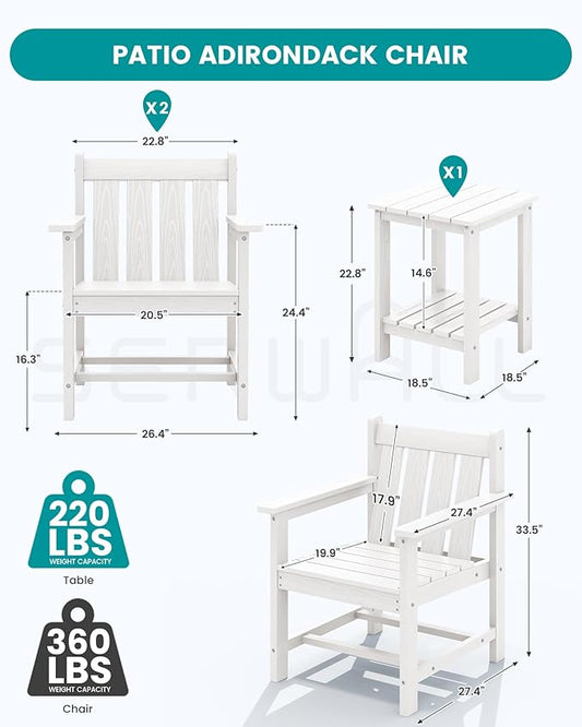 SEWRWALL 3 Pieces Patio Bistro Set, All Weather Adirondack Chair Set with Side Table, HDPE Material Outdoor Patio Furniture Set for Balcony, Porch, Garden, Backyard- White