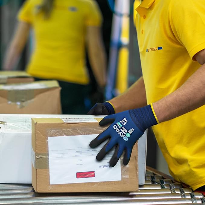 KAYGO MicroFoam Nitrile Coated Work Gloves, 12 Pairs KG19N Seamless Knit Nylon, Micro Dots for Enhanced Grip, Breathable and Durable, Ideal for Automotive, General Assembly, Painting, Blue, L